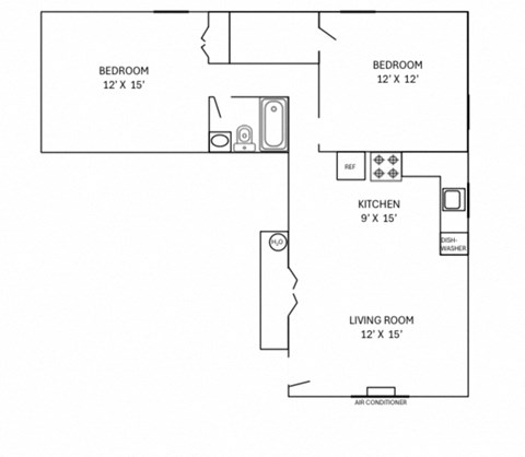 Floor plan for 2 beds, 1 bath, 750 sqft